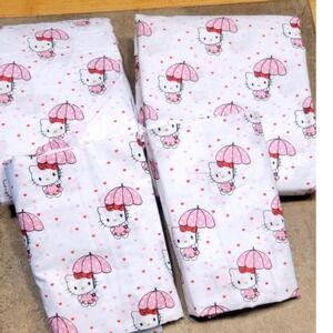 Sanrio Hello Kitty Full Flat Sheet White Pink Umbrella Hearts 100% Cotton Franco